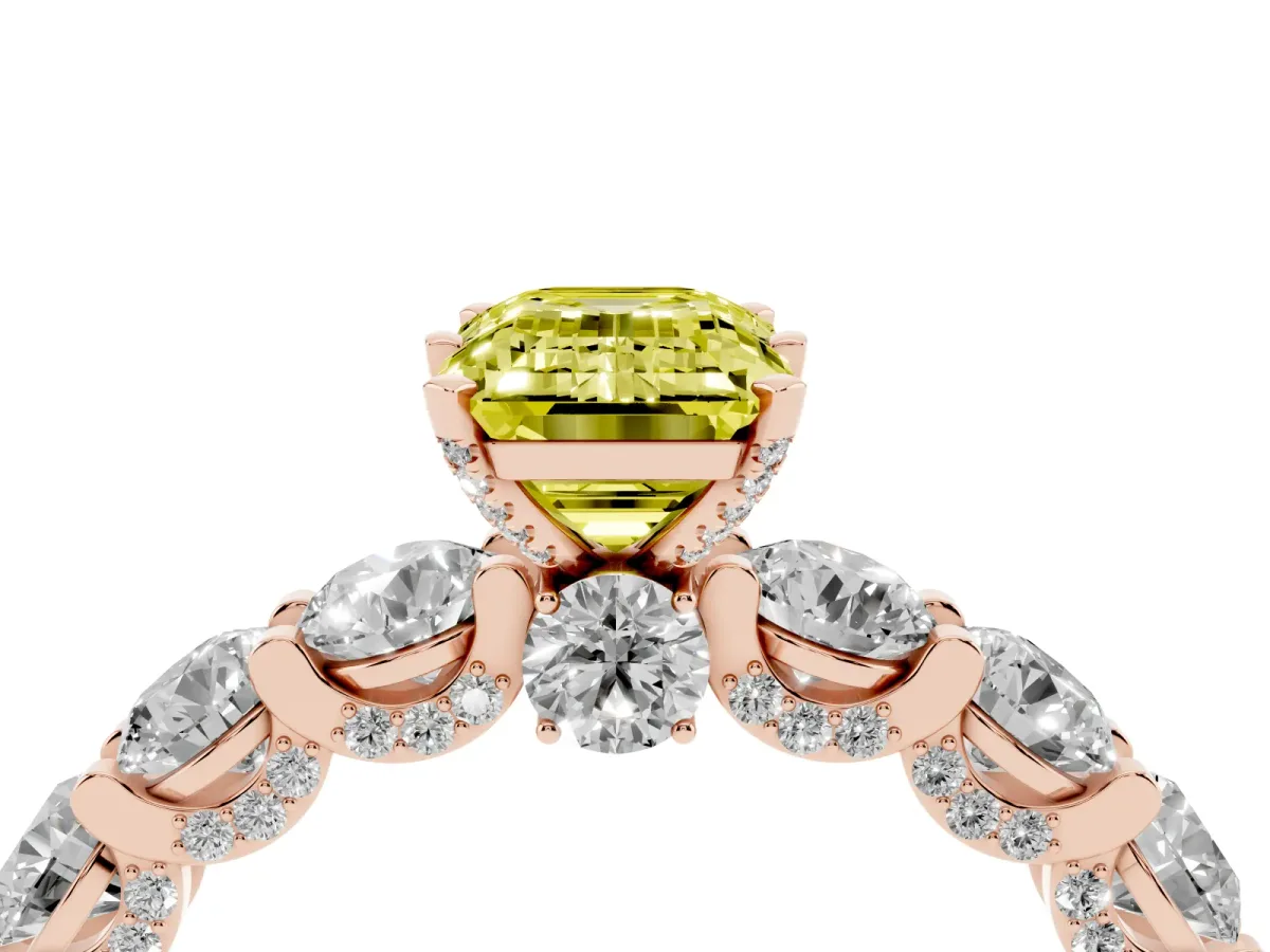 Fancy Yellow Emerald Cut Diamond Side Stone Engagement Ring with Four-Prong Setting Rose gold