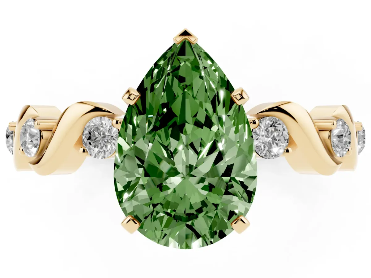 Fancy Green Pear Cut Diamond Solitaire Twisted Band with Round Accents and Prong Setting Yellow gold