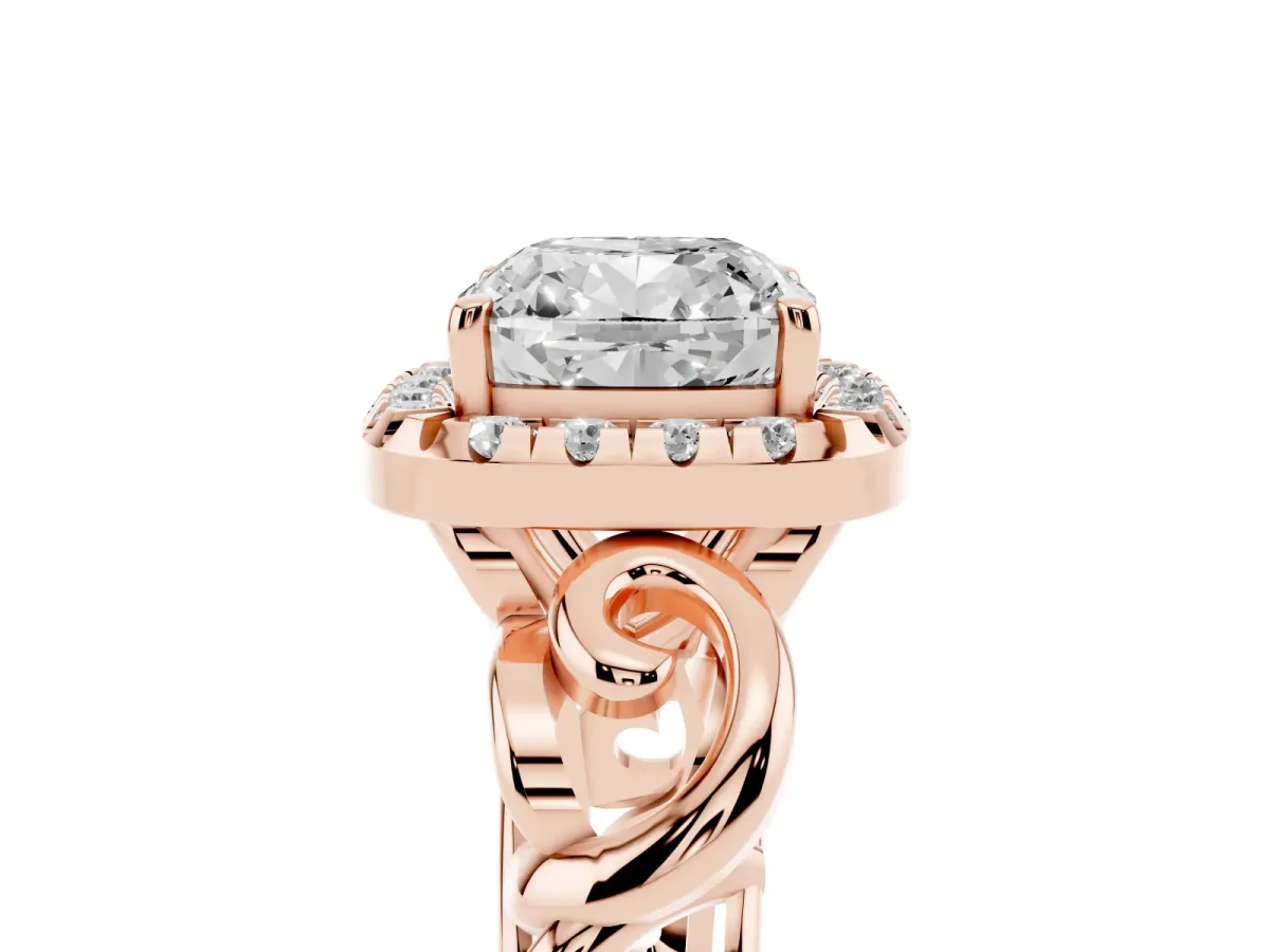 Cushion Cut Cut Halo Diamond Ring with Scrollwork Band and Four-Prong Setting Rose gold