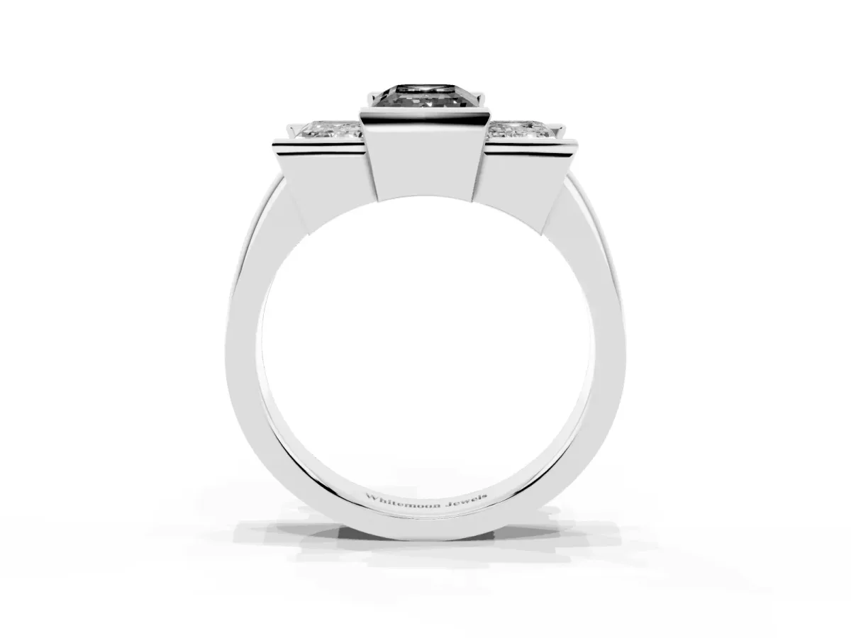 Fancy Black Three Stone Emerald Cut Cut Channel Set Diamond Ring Silver