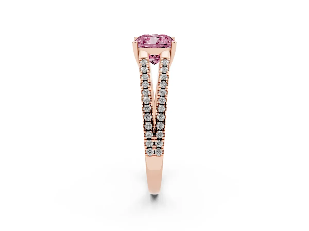 Fancy Pink Cushion Cut Diamond Solitaire Engagement Ring with Split Shank Pavé Band Rose gold