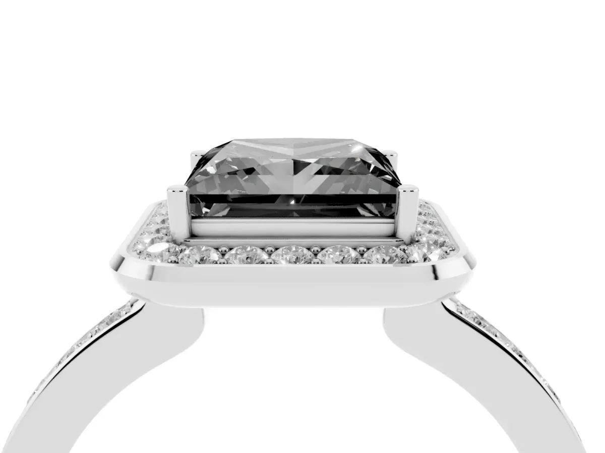 Fancy Black Princess Cut Diamond Halo Ring with Bezel Frame and Pavé Band Silver