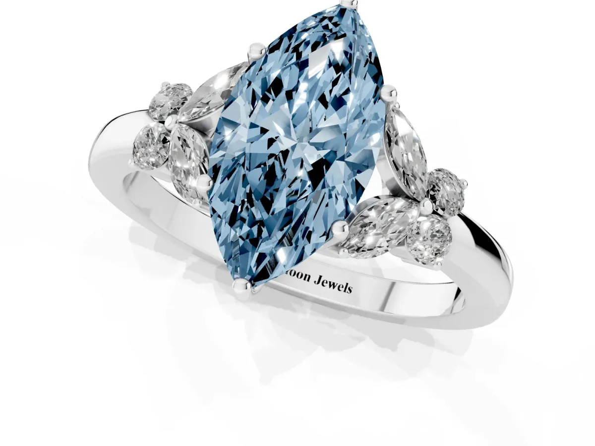 Fancy Blue Marquise Cut Cut Solitaire Floral Diamond Ring with Four-Prong Setting Silver