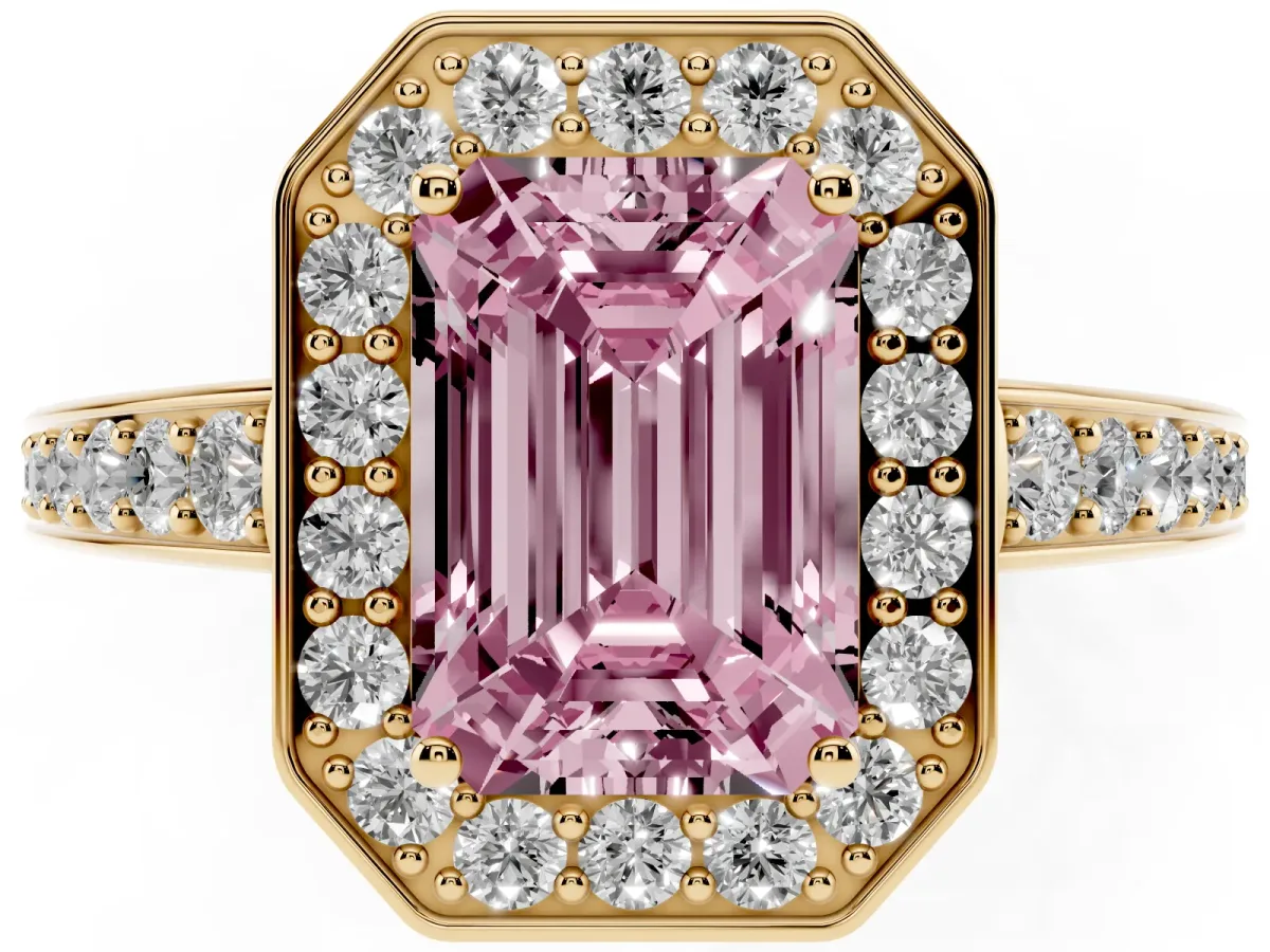 Fancy Pink Emerald Cut Halo Pavé Diamond Engagement Ring with Bezel Setting Yellow gold