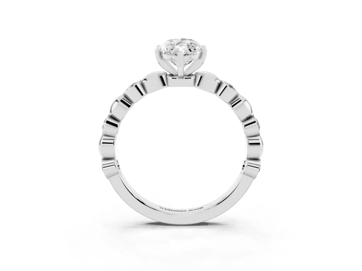 Marquise Cut Solitaire Bezel-Set Diamond Ring with Beaded Band and Four-Prong Setting Silver