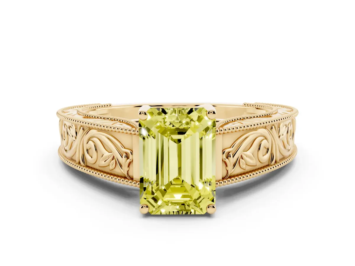 Fancy Yellow Emerald Cut Diamond Solitaire Ring with Engraved Band and Four-Prong Setting Yellow gold
