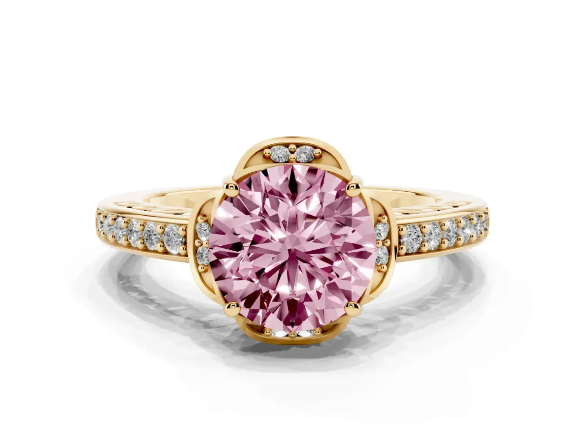 Fancy Pink Round Cut Cut Halo Diamond Ring with Channel Set Band and Four-Prong Setting Yellow gold