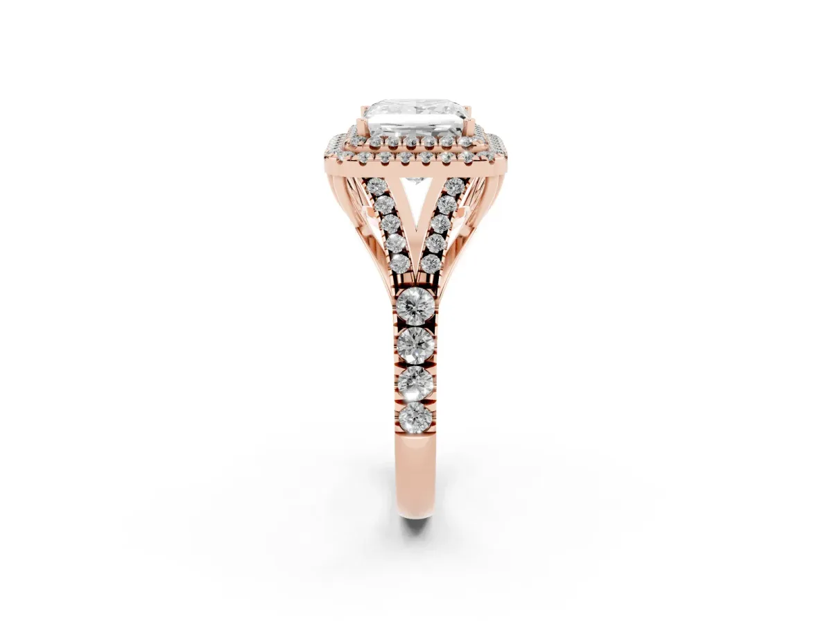 Double Halo Princess Cut Diamond Split Shank Engagement Ring with Four-Prong Setting Rose gold