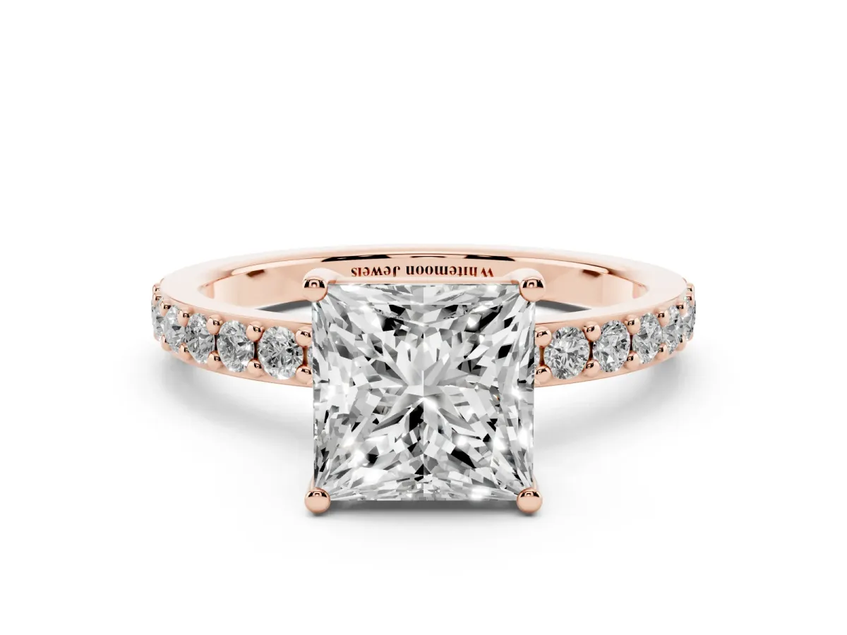 Princess Cut Cut Diamond Solitaire with Pave Band and Four-Prong Setting Rose gold