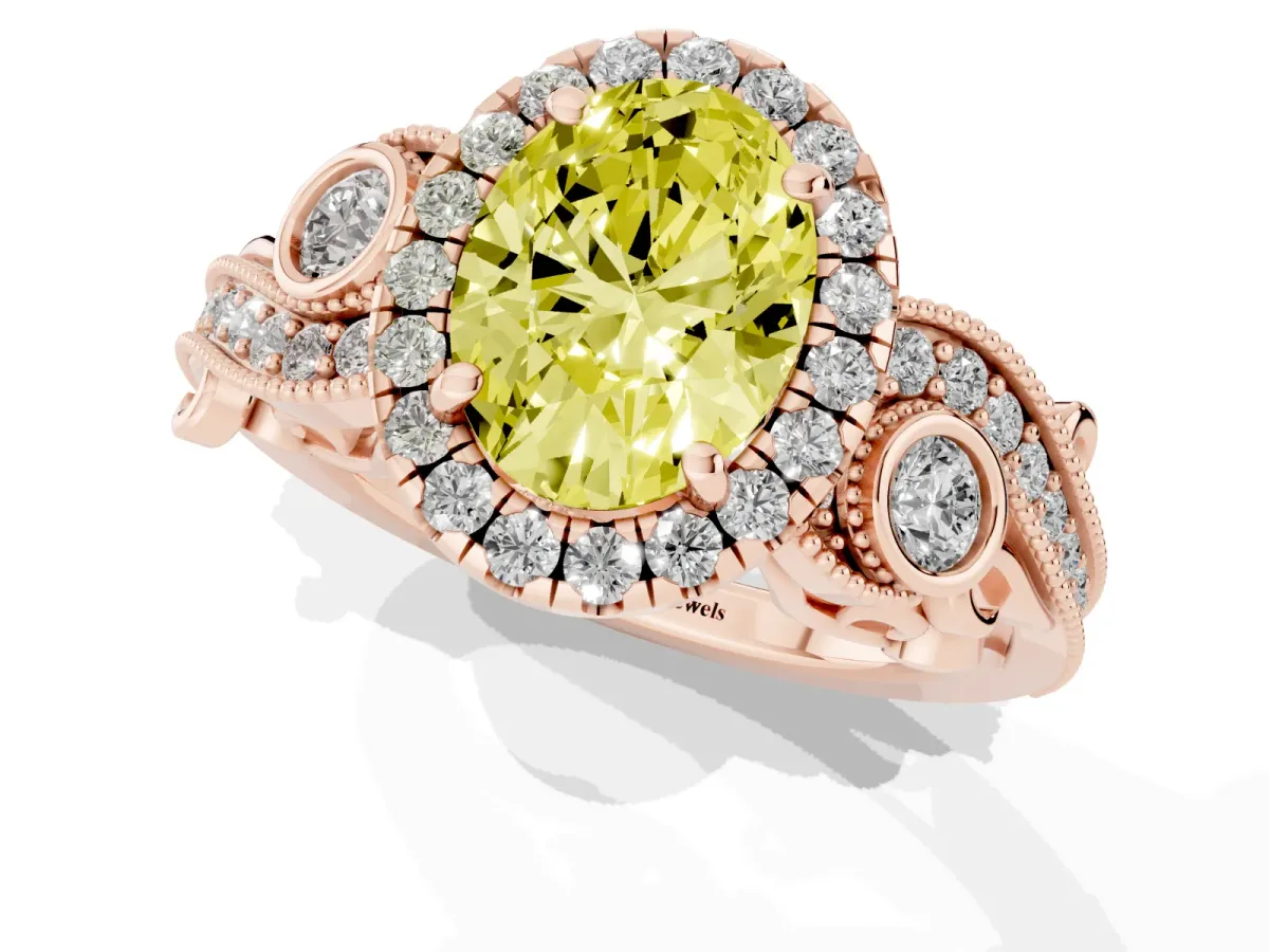 Fancy Yellow Oval Cut Halo Diamond Ring with Milgrain and Bezel Accents on a Split Shank Band Rose gold
