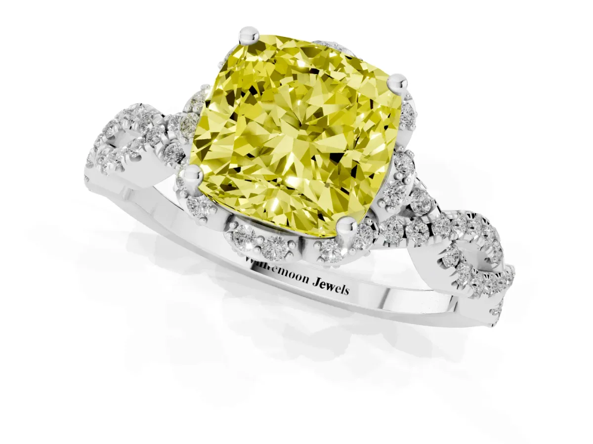 Fancy Yellow Cushion Cut Halo Twist Band Solitaire Ring with Six-Prong Setting Silver