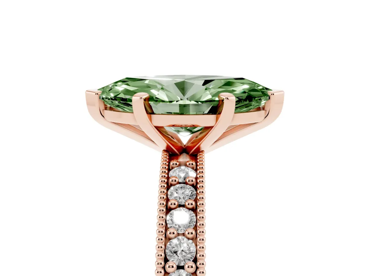 Fancy Green Marquise Cut Diamond Milgrain Pavé Engagement Ring with Four-Prong Setting Rose gold