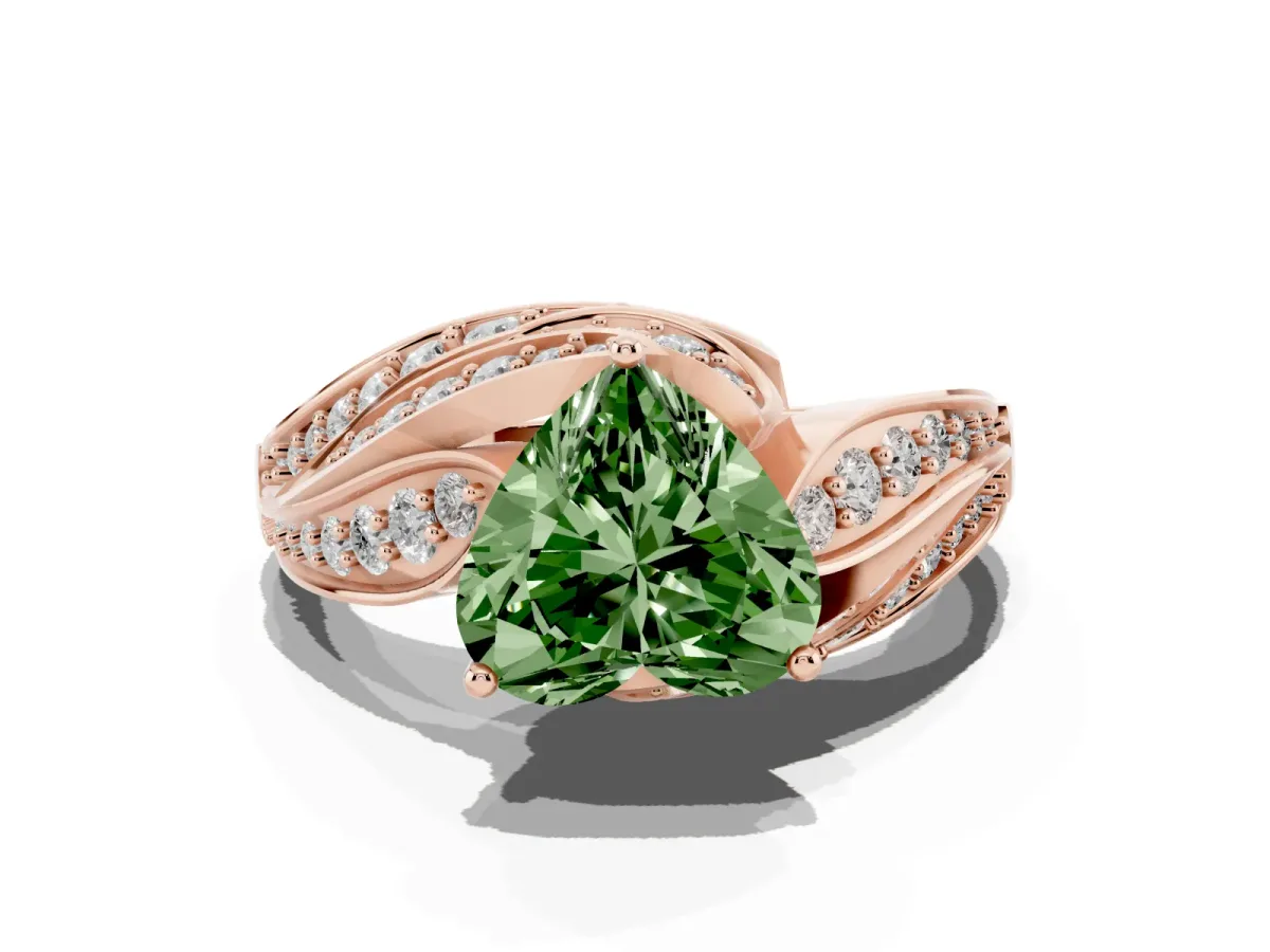 Fancy Green Heart Cut Diamond Solitaire Ring with Prong Setting and Twisted Pavé Band Rose gold
