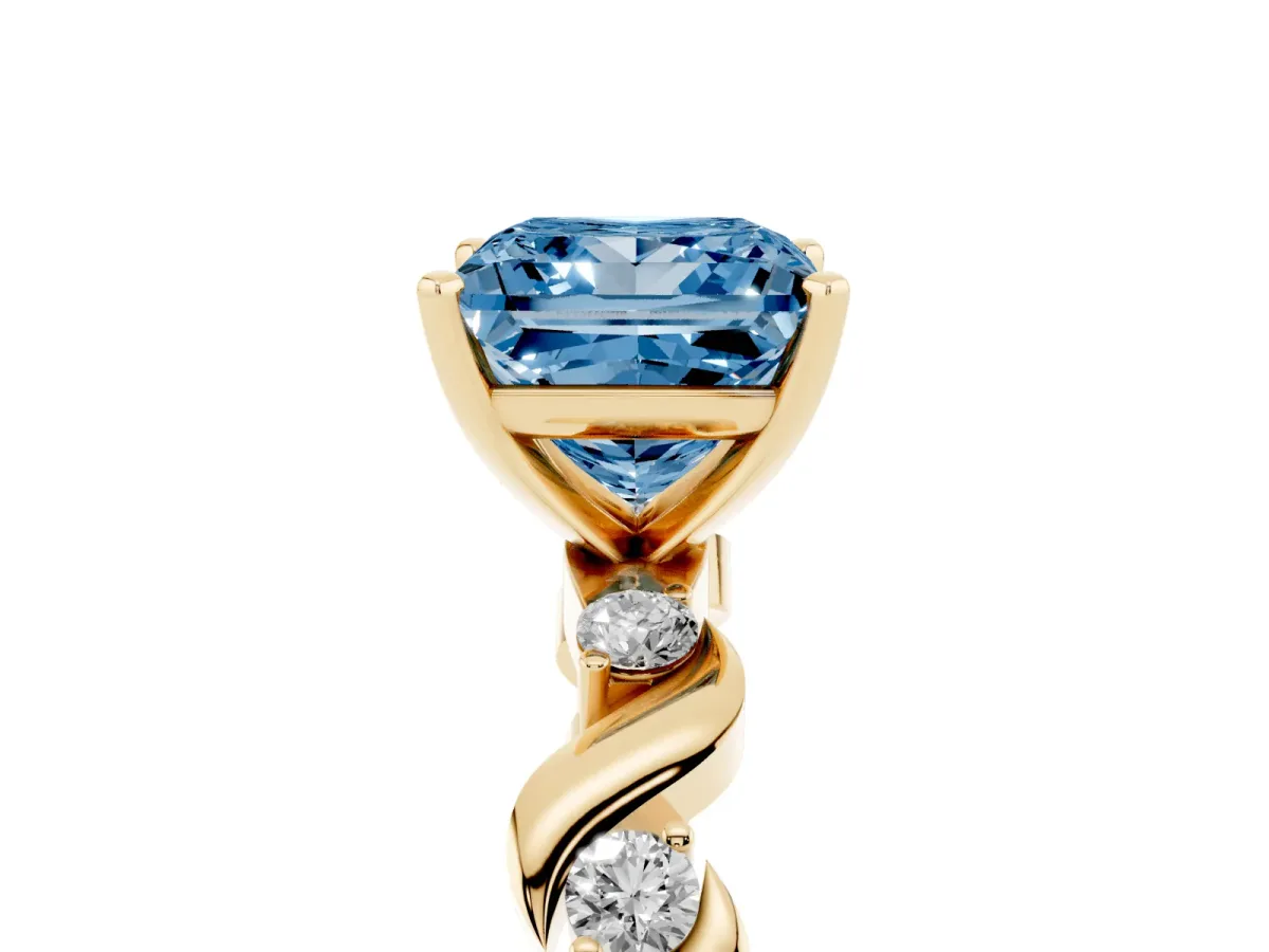 Fancy Blue Princess Cut Diamond Solitaire Twisted Band with Round Accents and Prong Setting Yellow gold