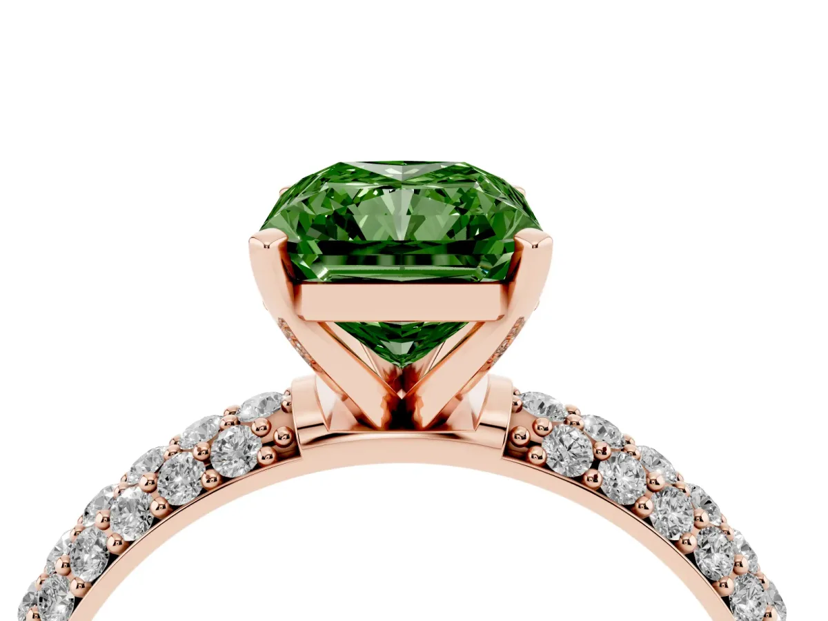 Fancy Green Radiant Cut Diamond Solitaire Ring with Prong Setting and Pavé Band Rose gold