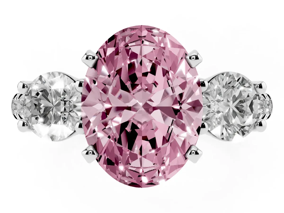Fancy Pink Three-Stone Oval Cut Diamond Pavé Band with Four-Prong Setting Platinum