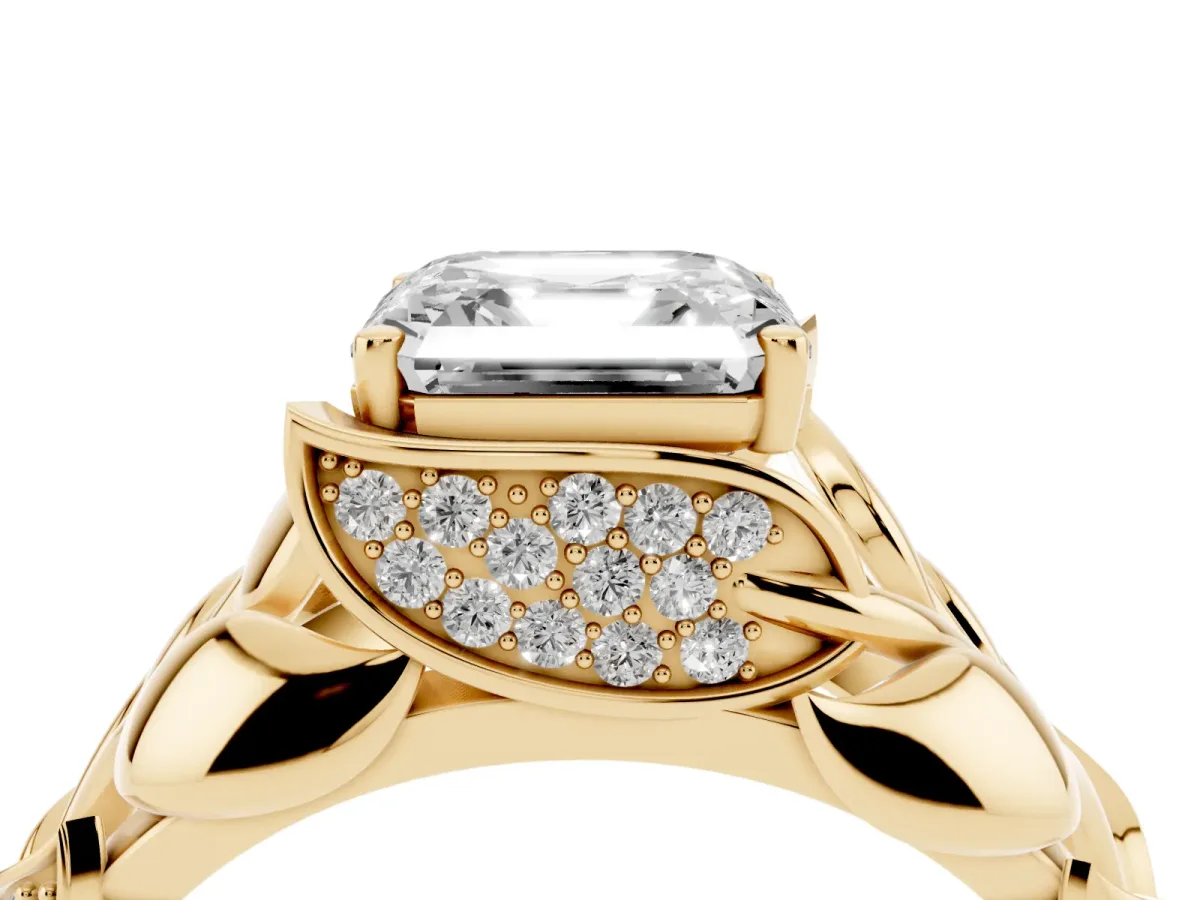Asscher Cut Diamond Leaf-Inspired Engagement Ring with Round Accents and Prong Setting Yellow gold