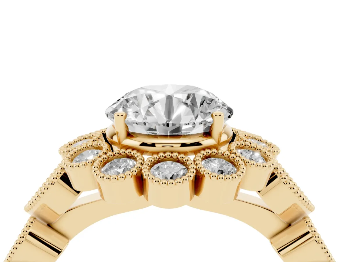 Round Cut Brilliant Milgrain Pave Heart Band Solitaire Ring Yellow gold