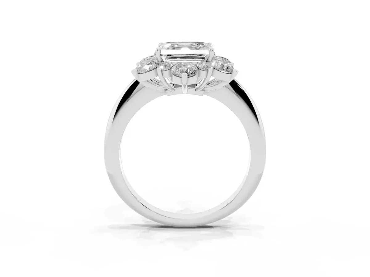 Asscher Cut Diamond Cluster Halo Ring with Solitaire Band and Four-Prong Setting Platinum