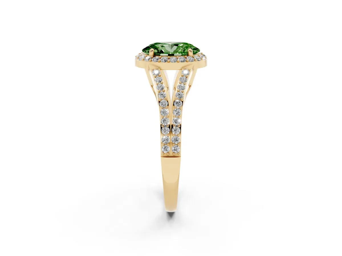 Fancy Green Oval Cut Halo Split Shank Diamond Ring with Prong Setting Yellow gold