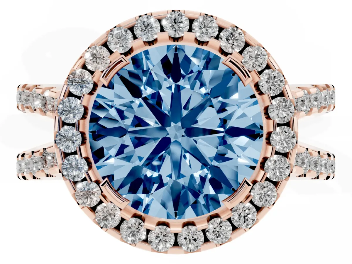 Fancy Blue Round Cut Diamond Halo Ring with Split Shank Pavé Band and Prong Setting Rose gold