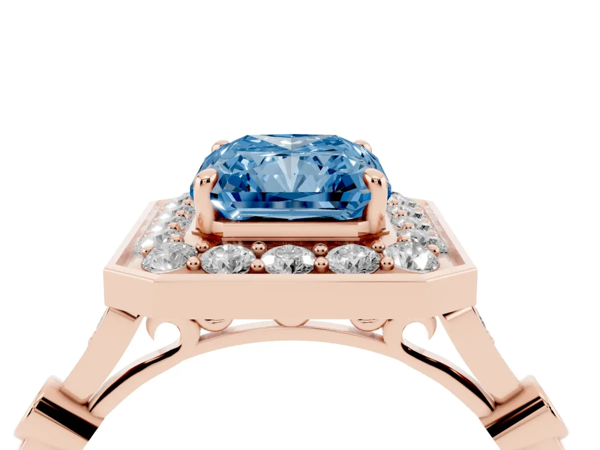 Fancy Blue Radiant Cut Halo Diamond Engagement Ring with Twisted Band and Four-Prong Setting Rose gold