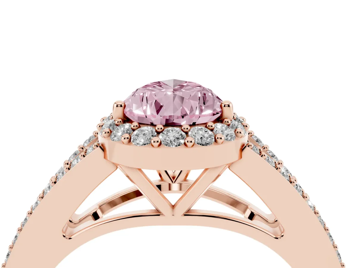 Fancy Pink Pear Cut Halo Split Shank Diamond Ring with Prong Setting Rose gold