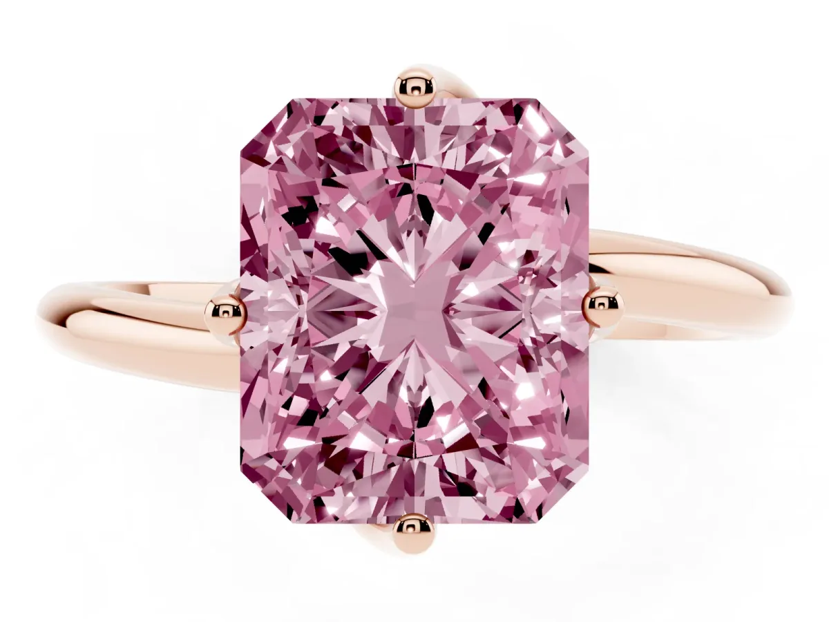 Fancy Pink Radiant Cut Diamond Solitaire Engagement Ring with Four-Prong Setting and Classic Band Rose gold