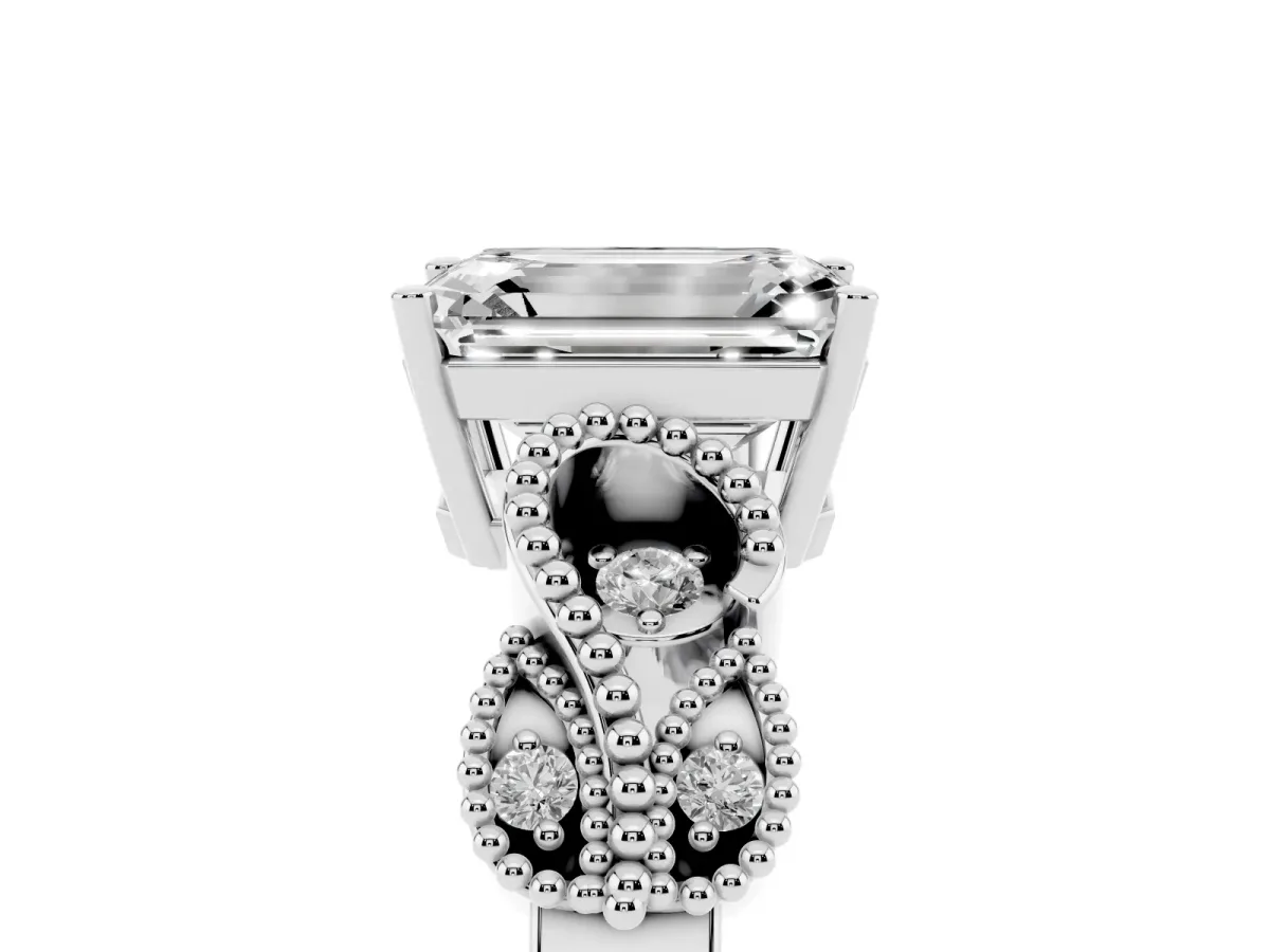 Emerald Cut Solitaire Milgrain Leaf Band with Prong Setting Silver