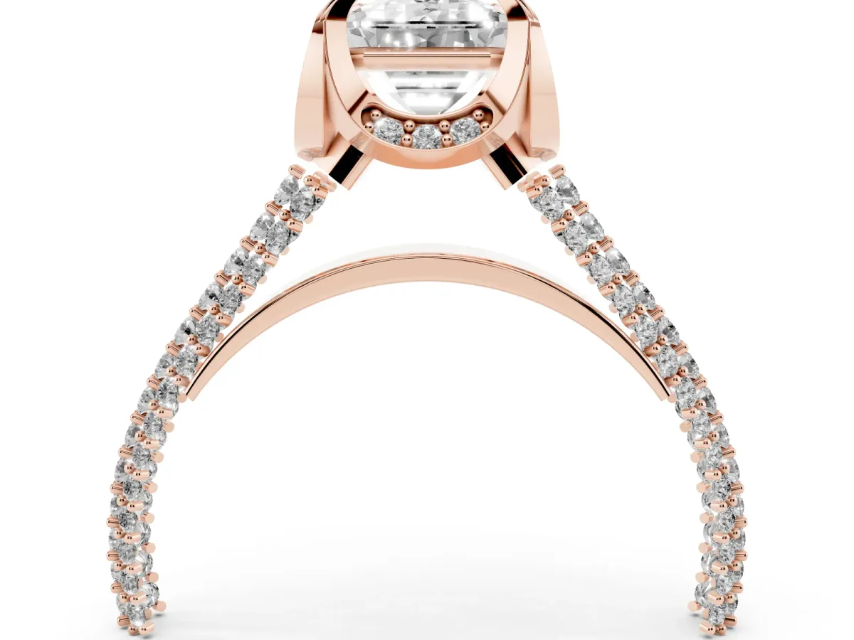 Emerald Cut Solitaire Pave Split Shank Ring with Four-Prong Setting Rose gold