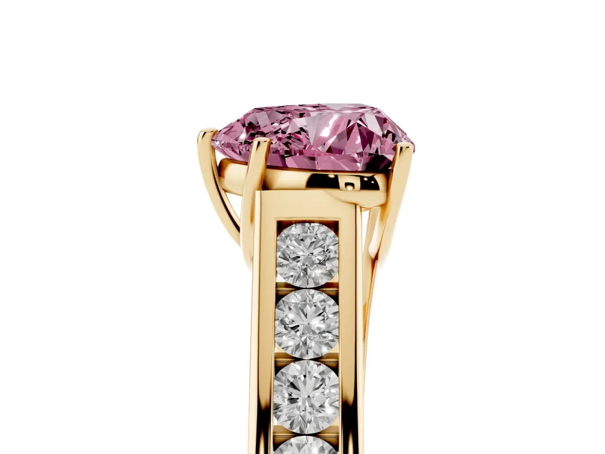 Fancy Pink Heart Cut Brilliant Channel-Set Solitaire Ring with Four-Prong Setting Yellow gold