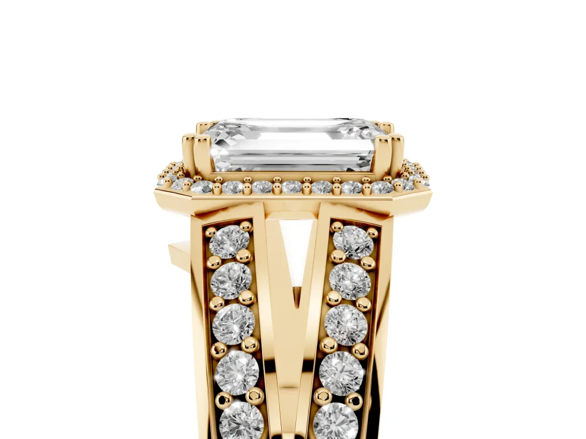 Emerald Cut Diamond Halo Ring with Split Shank Pavé Band and Four-Prong Setting Yellow gold