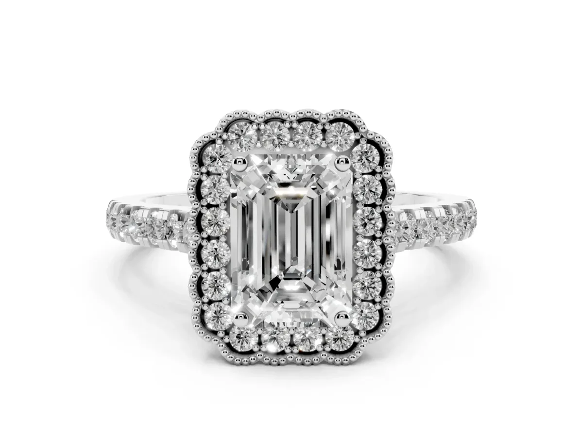 Emerald Cut Cut Diamond Milgrain Floral Halo Engagement Ring with Pavé Band Silver