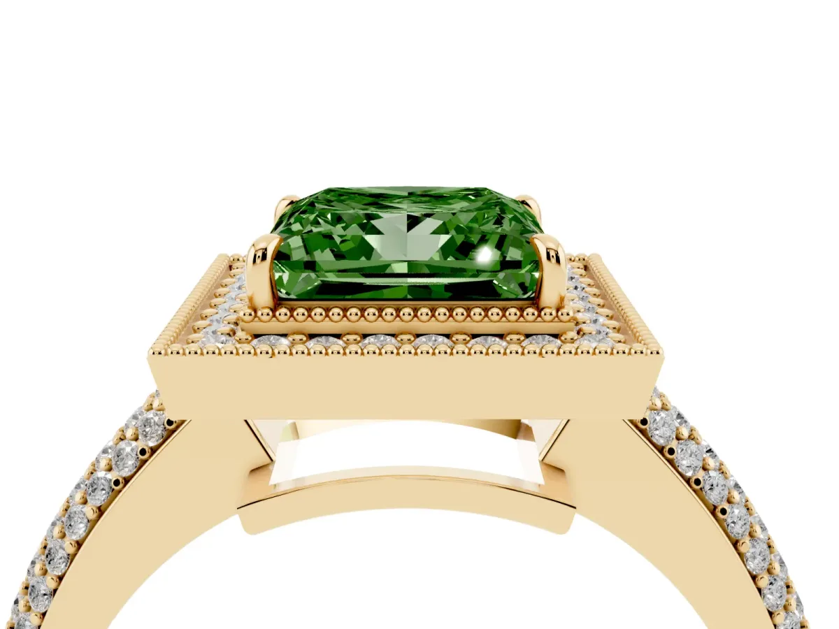 Fancy Green Princess Cut Cut Halo Diamond Pave Band with Four-Prong Setting Yellow gold