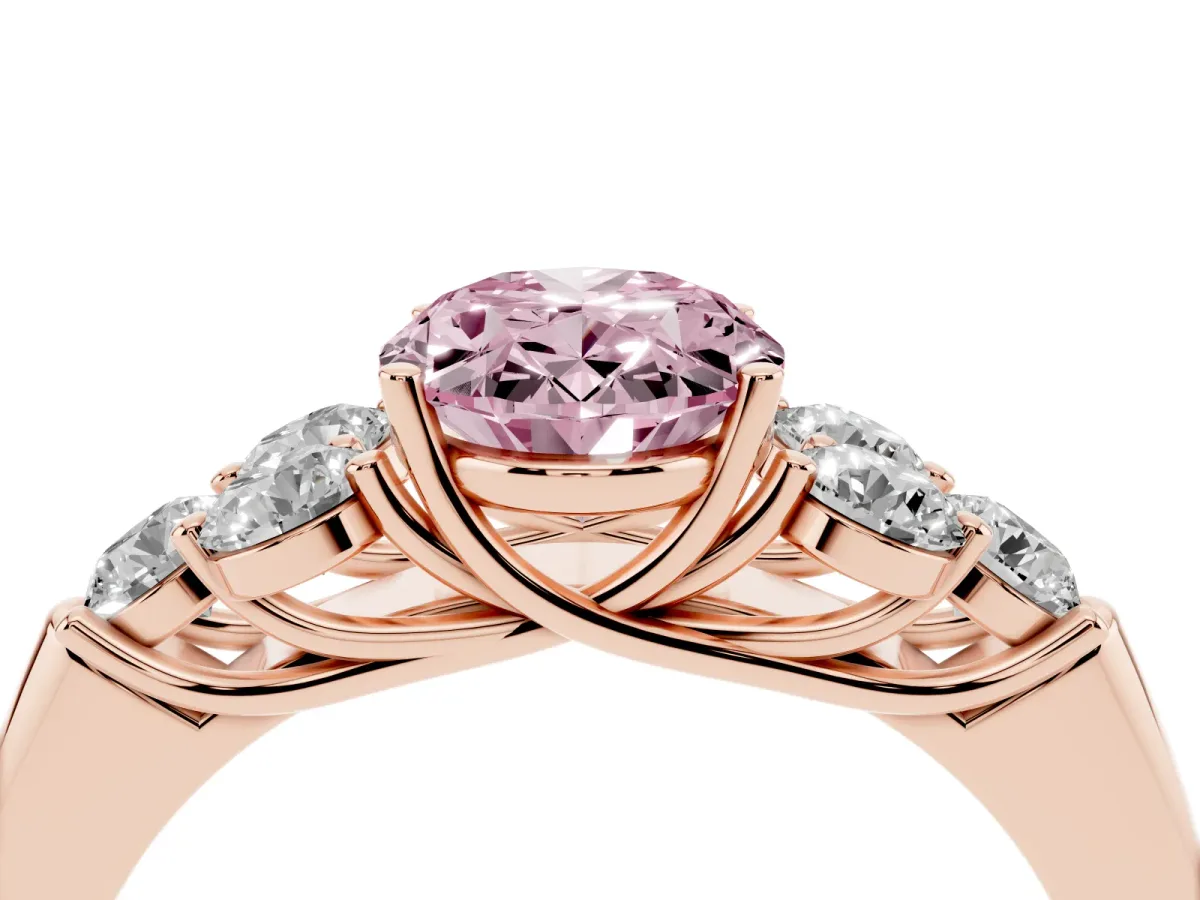 Fancy Pink Oval Cut Cut Diamond Cluster Ring with Round Accent Stones and Prong Setting on a Classic Band Rose gold