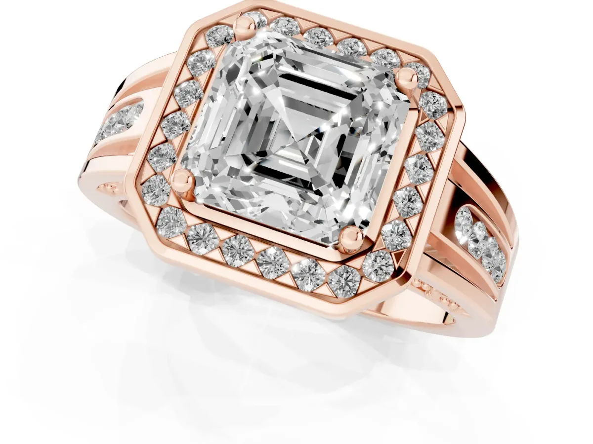 Asscher Cut Diamond Halo Ring with Split Shank and Bezel Accents and Prong Setting Rose gold