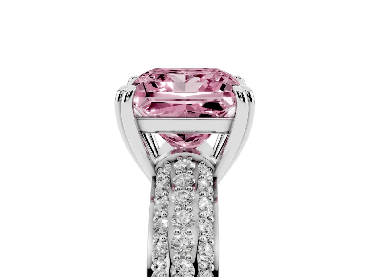 Fancy Pink Princess Cut Diamond Solitaire Ring with Multi-Row Round Pavé Band and Prong Setting Silver