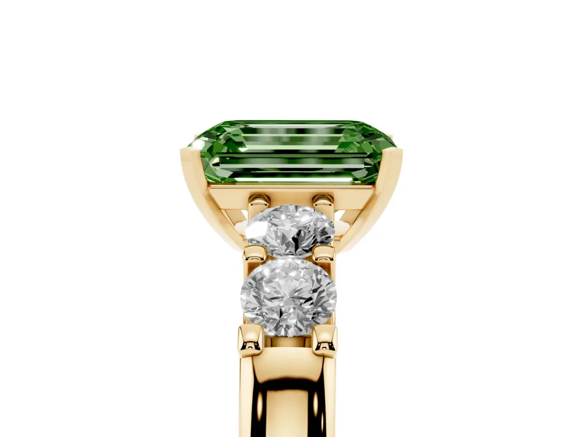 Fancy Green Emerald Cut Brilliant Cut Diamond Five-Stone Prong Set Engagement Ring with Channel Band Yellow gold
