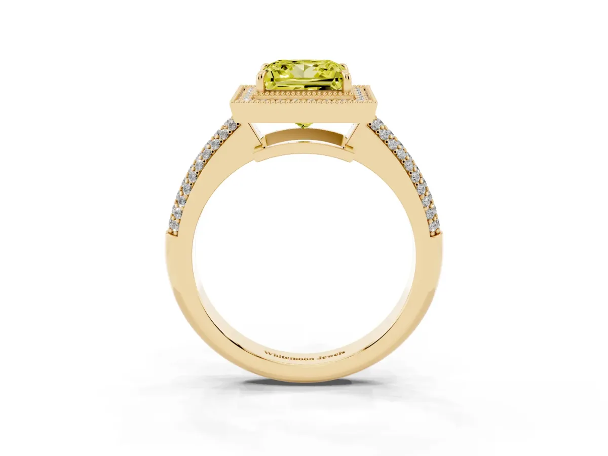 Fancy Yellow Princess Cut Cut Halo Diamond Pave Band with Four-Prong Setting Yellow gold