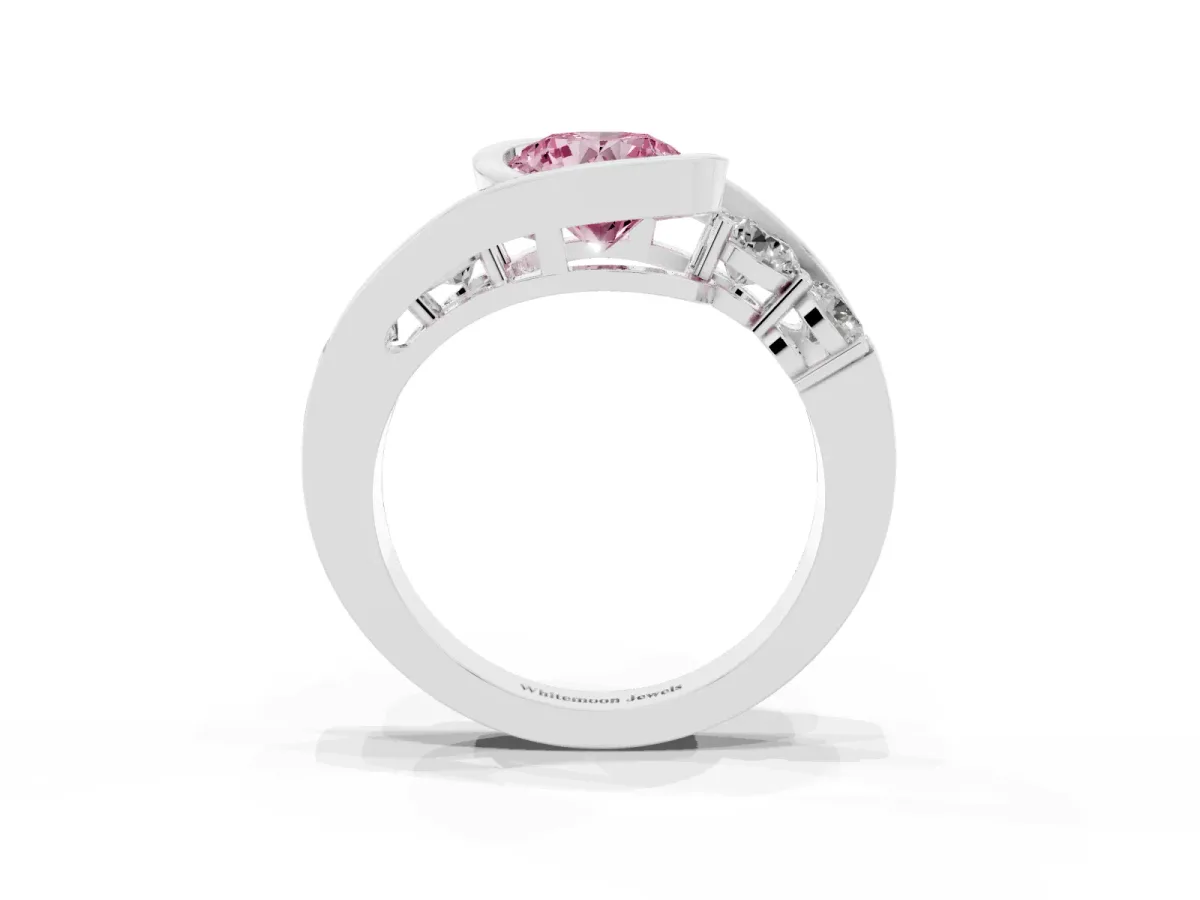 Fancy Pink Bezel Set Round Cut Diamond Bypass Ring with Round Accents Silver