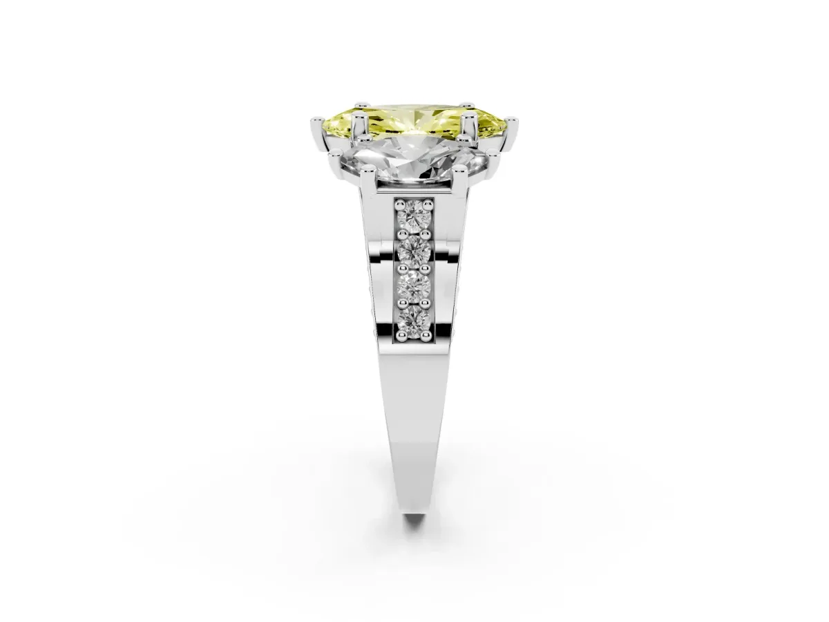 Fancy Yellow Marquise Cut Diamond Three-Stone Ring with Channel Set Band and Four-Prong Setting Silver