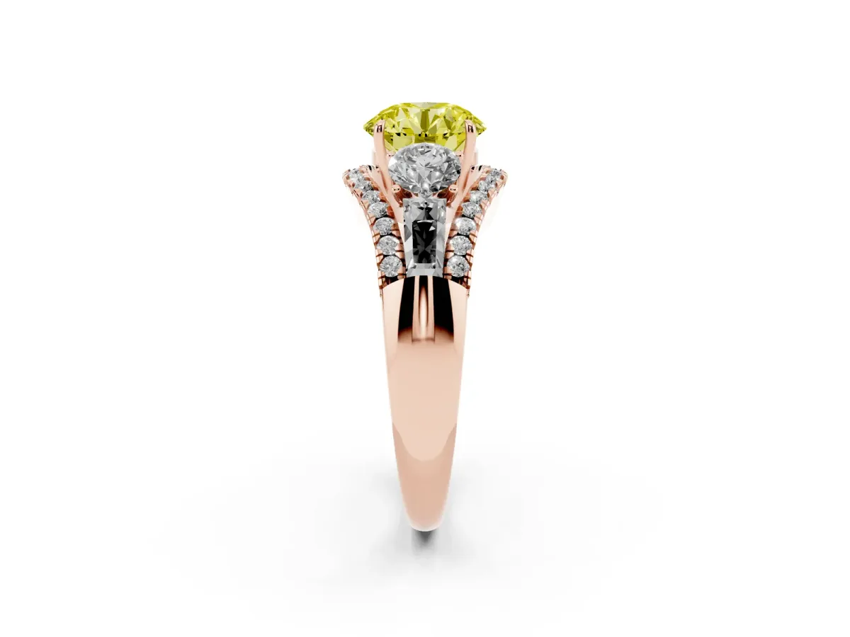 Fancy Yellow Three-Stone Round Cut Diamond Engagement Ring with Pave Band and Prong Setting Rose gold