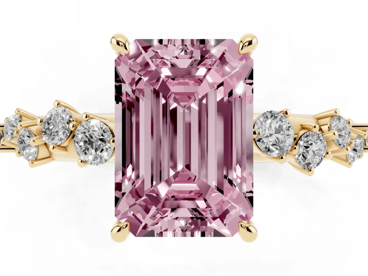 Fancy Pink Emerald Cut Diamond Cluster Side Stone Solitaire Ring with Prong Setting Yellow gold