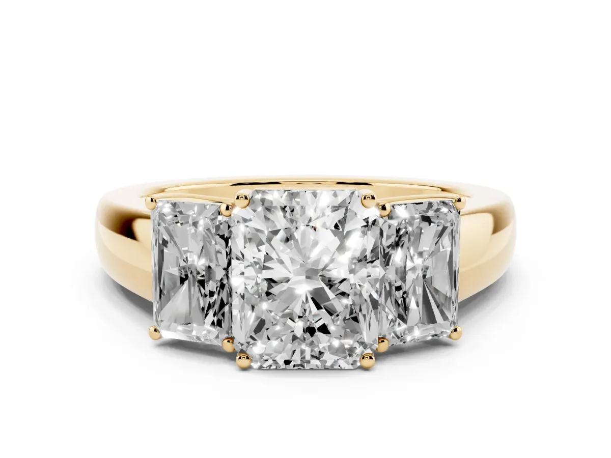 Three-Stone Radiant Cut Cut Diamond Ring with Prong Setting and Classic Band Yellow gold
