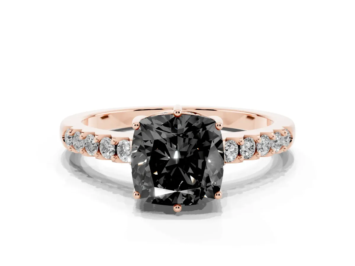 Fancy Black Cushion Cut Solitaire Diamond Engagement Ring with Pavé Band and Six-Prong Setting Rose gold