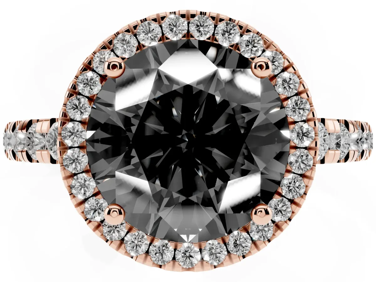 Fancy Black Round Cut Diamond Halo Ring with Pavé Band and Four-Prong Setting Rose gold