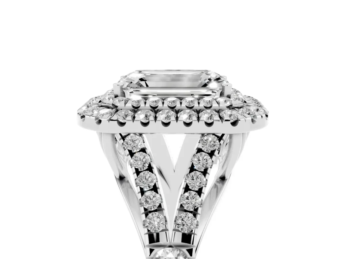 Emerald Cut Diamond Pavé Split Shank Double Halo Engagement Ring Silver