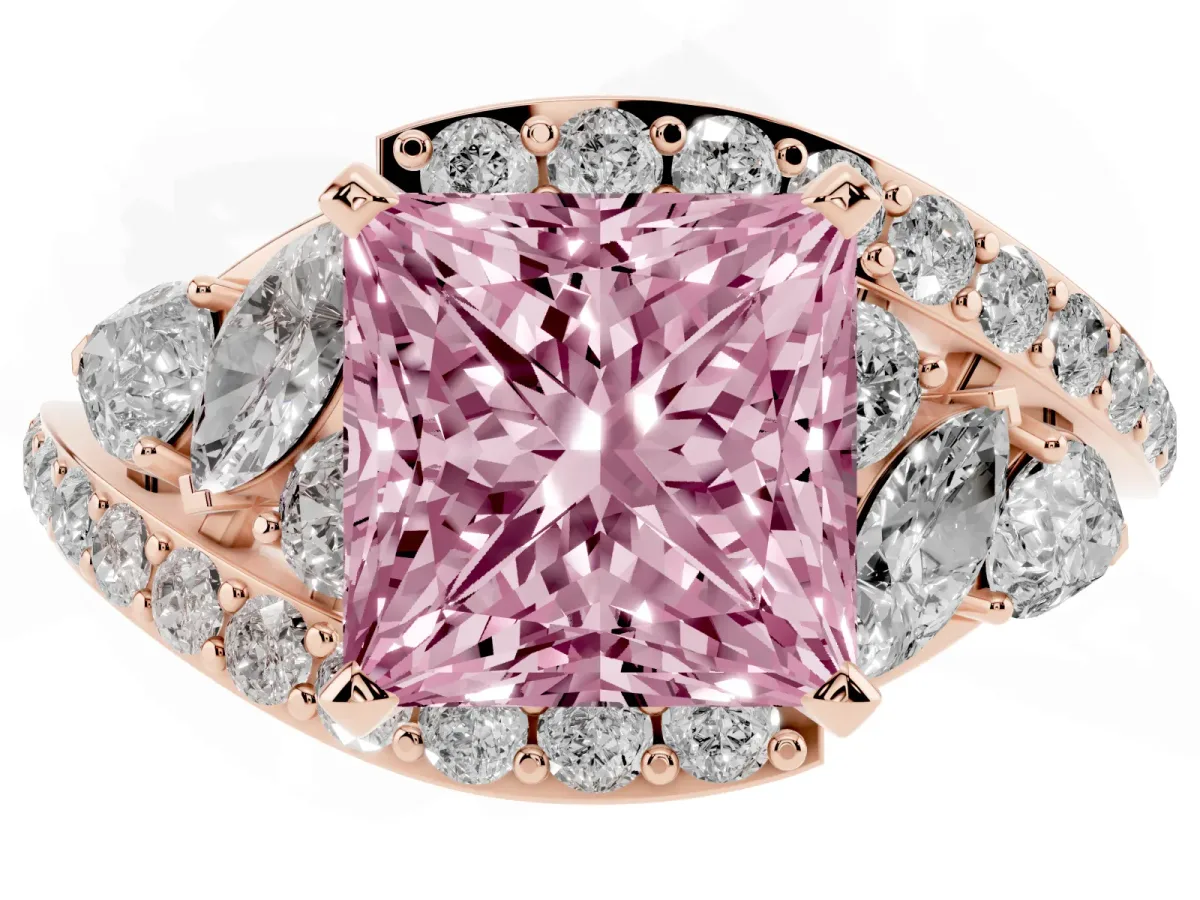 Fancy Pink Princess Cut Diamond Halo Ring with Marquise and Pavé Band in Prong Setting Rose gold