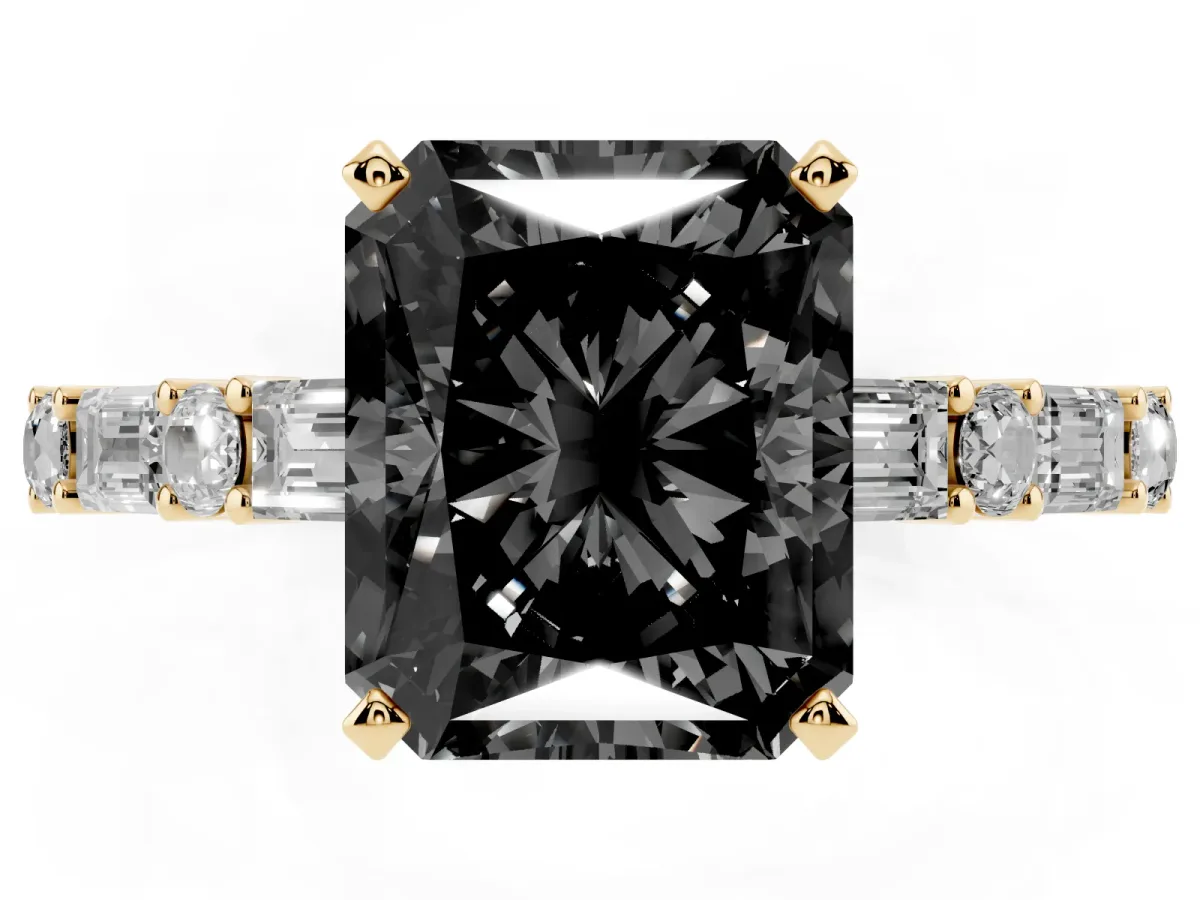 Fancy Black Radiant Cut Diamond Solitaire with Side Baguettes and Channel Set Band Yellow gold
