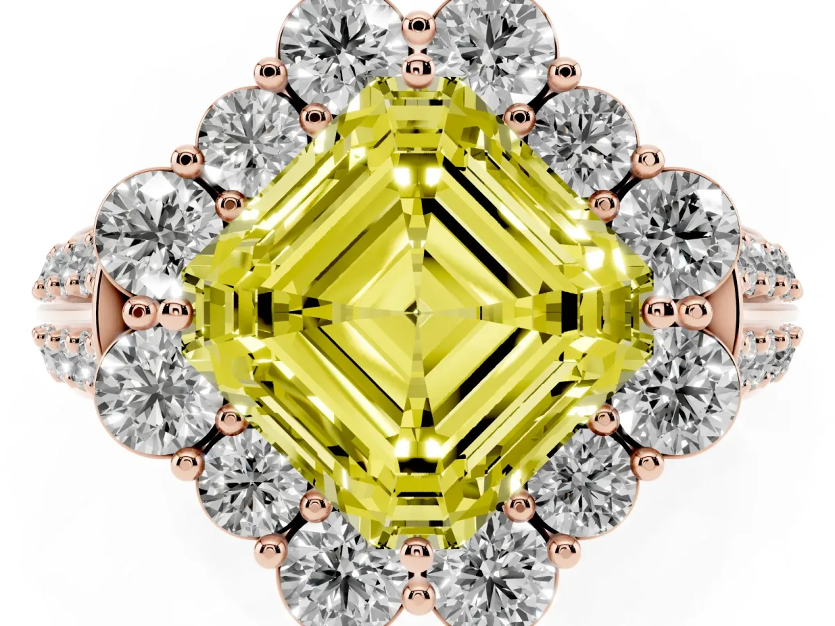 Fancy Yellow Asscher Cut Halo Diamond Engagement Ring with Split Shank and Prong Setting Rose gold